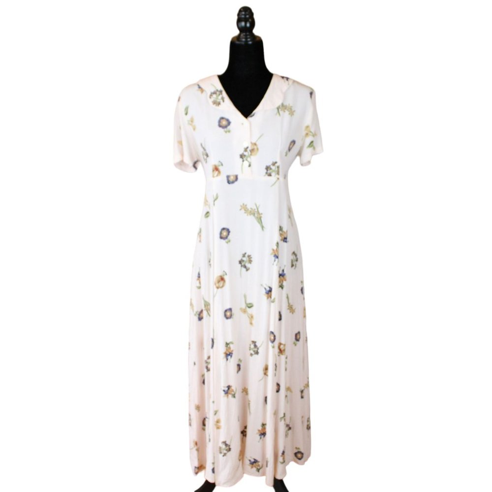 MJW Studio Maxi Shirt Dress Beige Floral Size 7/8 Short Sleeve Collared Half D98
